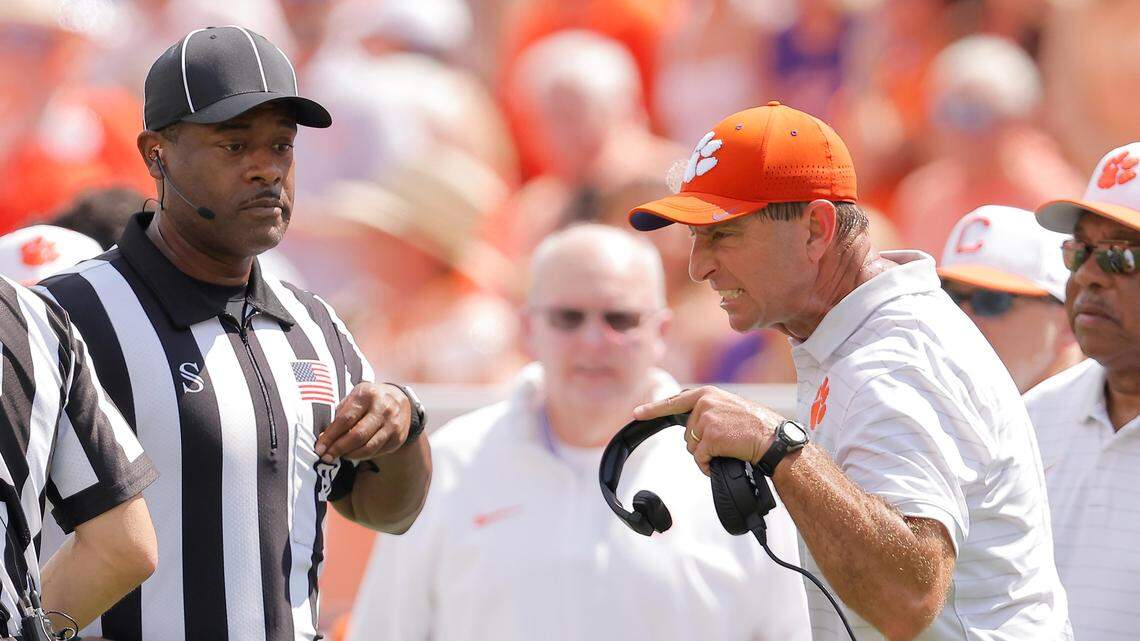 Clemson head coach Dabo Swinney has a word or two for referees after the Tigers were called for roughing the passer during first-half action of the Syracuse game in Clemson, S.C on Saturday, Sept. 20, 2025.