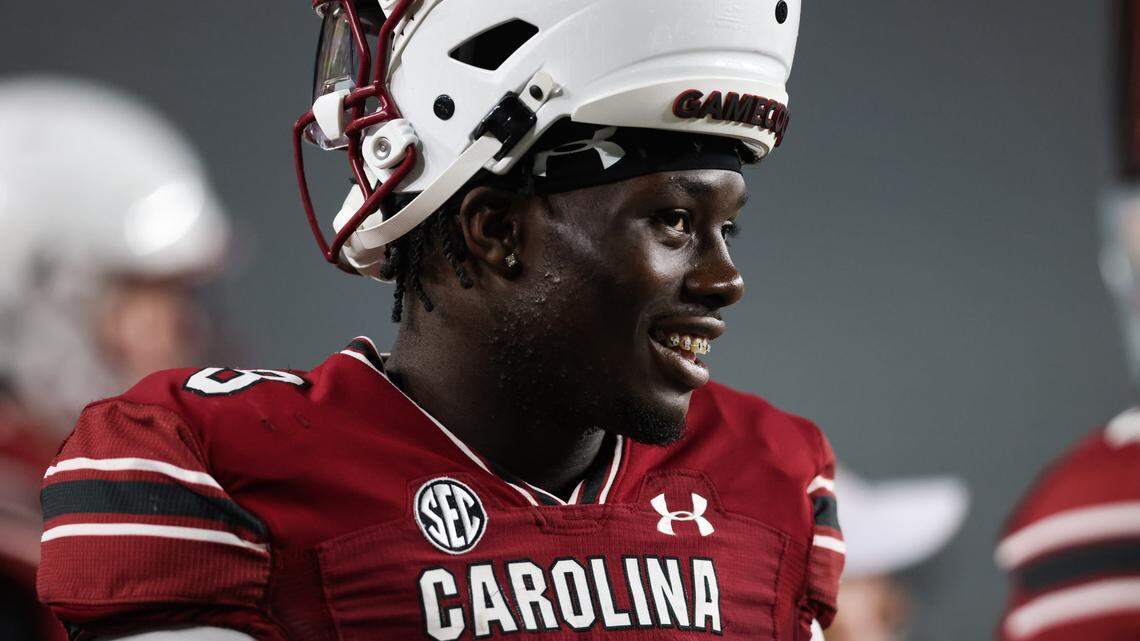 South Carolina wide receiver Nyck Harbor (8) looks on during the Garnet and Black Spring Game in Columbia on Friday, April 18, 2025.