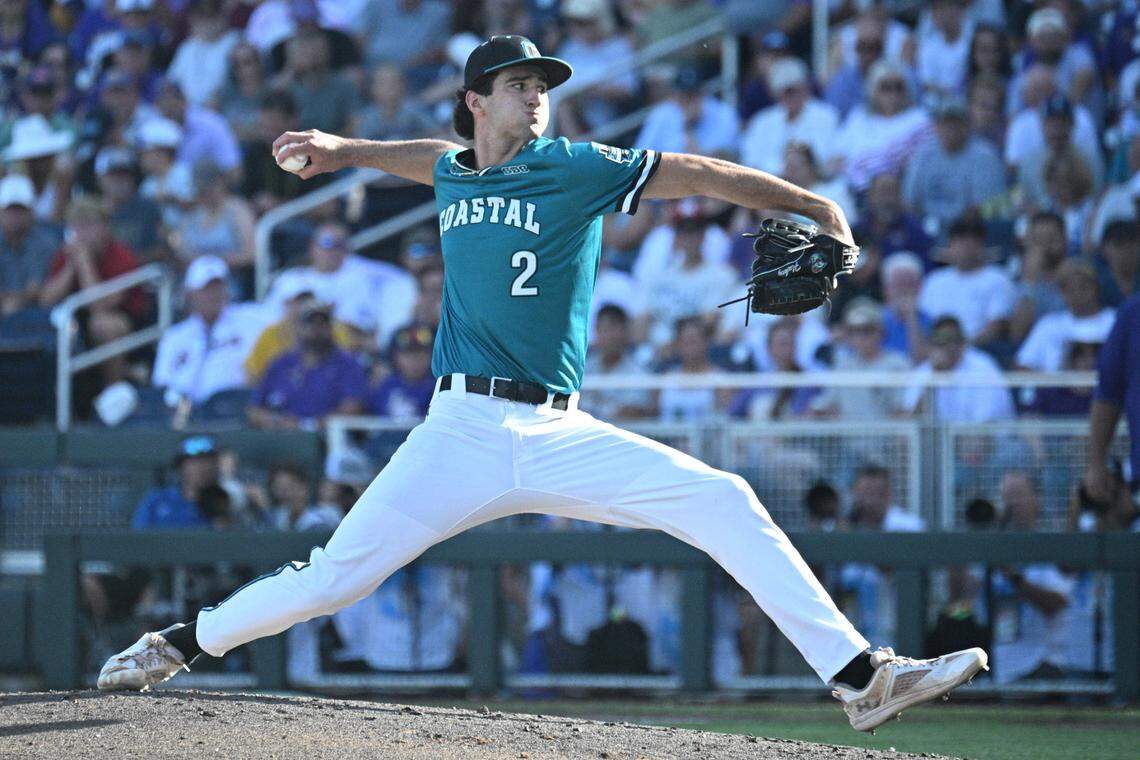 Coastal Carolina Chanticleers starting pitcher Cameron Flukey (2) throws against the LSU Tigers during the first inning at Charles Schwab Field.