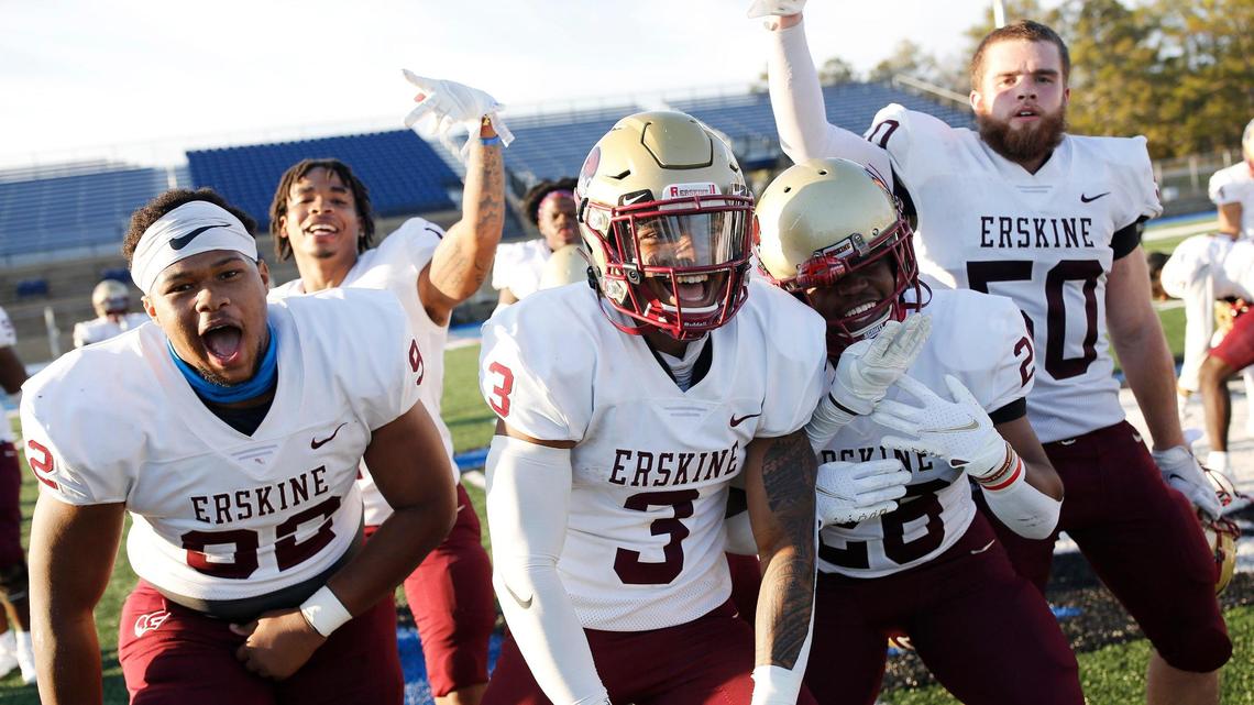 The Erskine Flying Fleet celebrate their historic win Saturday over the Barton Bulldogs in a game played at Barton College in Wilson, North Carolina.