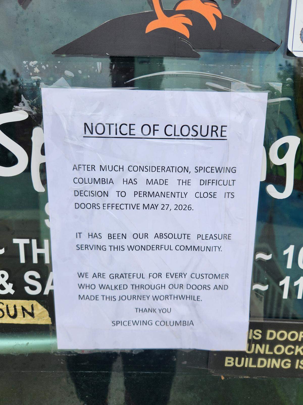 A notice on the door at Spice Wing at 4400 Fort Jackson Blvd. in Columbia says the business is closing.