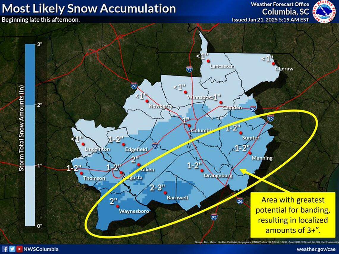 Snow is forecast to affect the Midlands area of South Carolina.