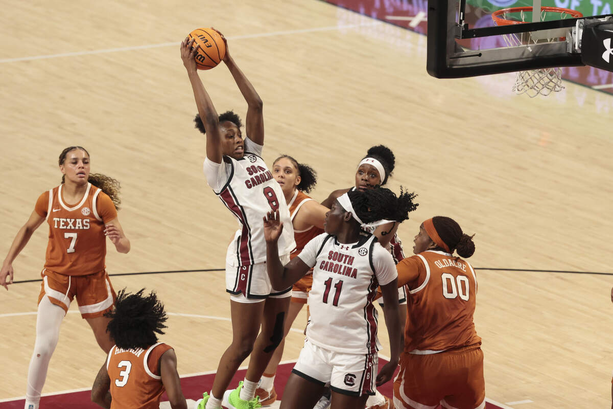 South Carolina's Joyce Edwards (8) pulls down a rebound during the first half of action of their women's basketball game against Texas at Colonial Life Arena on Thursday, Jan. 15, 2026.