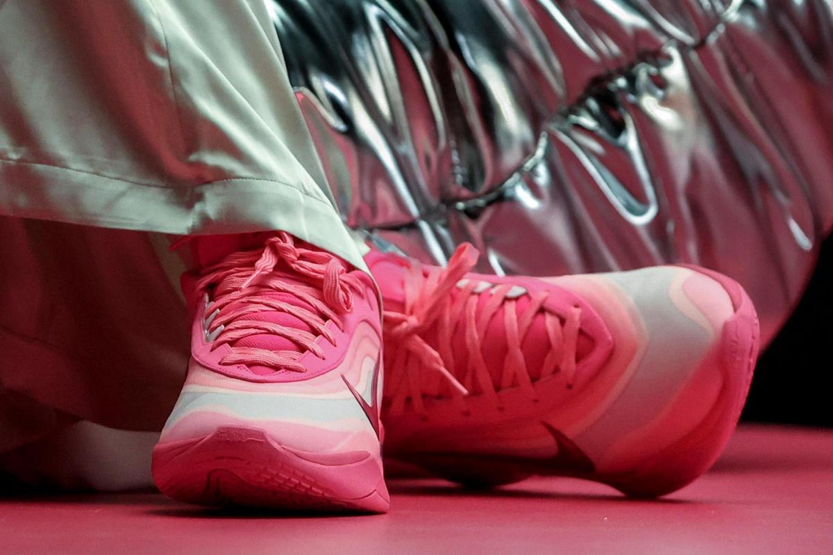 A’ja Wilson wears her signature Nike A’One shoe during the taping for Nike social media in Columbia on Monday.