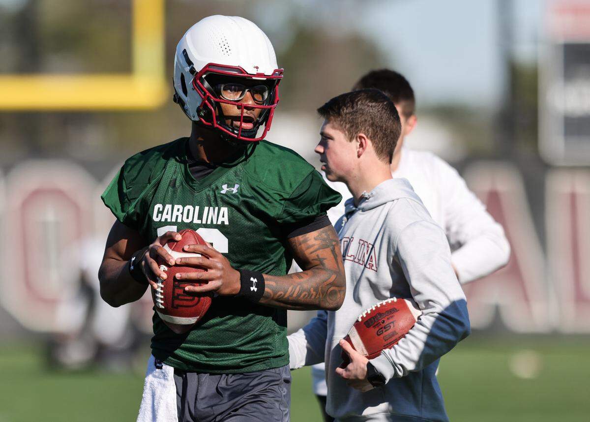 South Carolina quarterback LaNorris Sellers (16) runs drills during the Gamecocks’ practice in Columbia on Tuesday, March 19, 2024.