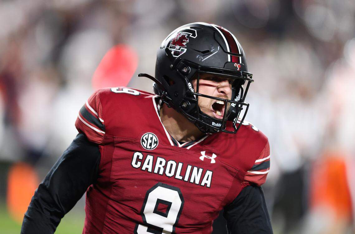 South Carolina quarterback Luke Doty (9) reacts after scoring a touchdown during the first half of South Carolina’s game against Clemson at Williams-Brice Stadium in Columbia on Saturday, November 25, 2023.