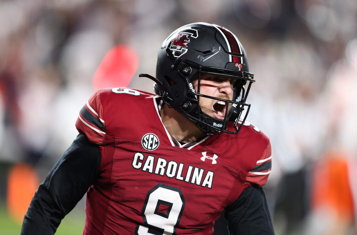 South Carolina quarterback Luke Doty (9) reacts after scoring a touchdown during the first half of South Carolina’s game against Clemson at Williams-Brice Stadium in Columbia on Saturday, November 25, 2023.