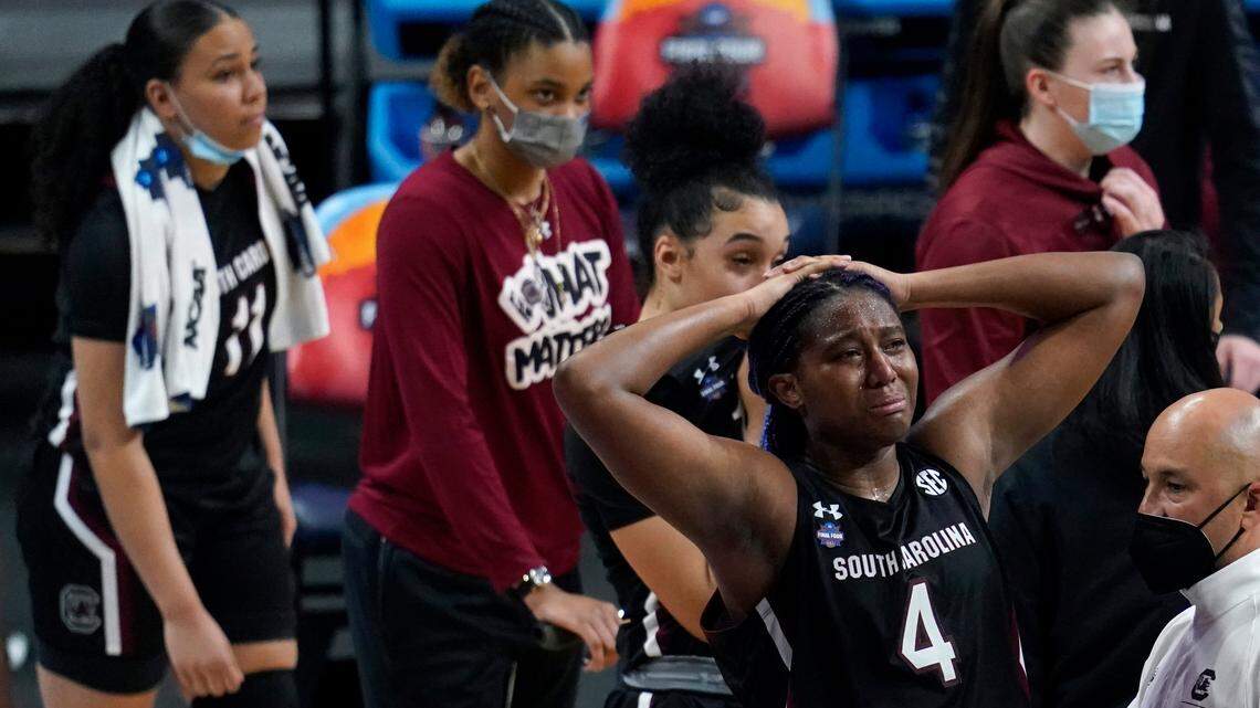 South Carolina forward Aliyah Boston (4) reacts at the end of a women’s Final Four NCAA college basketball tournament semifinal game against Stanford Friday, April 2, 2021, at the Alamodome in San Antonio. Stanford won 66-65.
