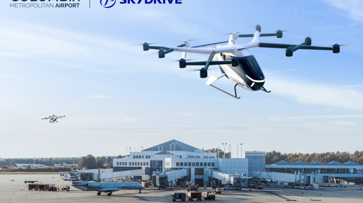 This is a rendering of the next generation of eVTOL aircarft superimposed over a photo of Columbia Metropolitan Airport.