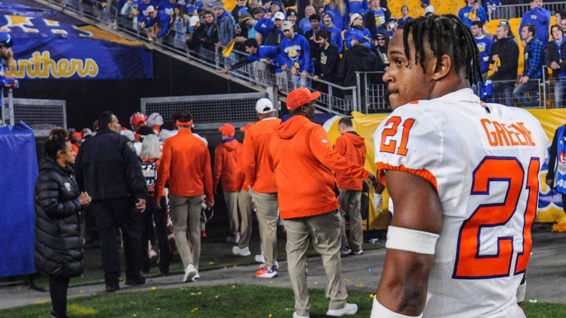 Clemson cornerback Malcolm Greene (21) looks toward a celebration after Pitt beat Clemson 27-17 at Heinz Field in Pittsburgh, Pennsylvania, Saturday, October 23, 2021. Ncaa Football Clemson At Pitt