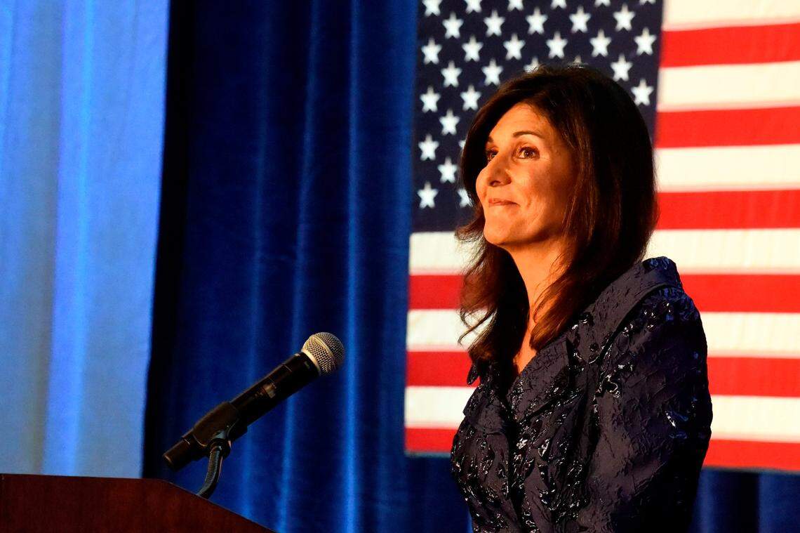 Former U.N. Ambassador Nikki Haley, a potential 2024 presidential contender and former South Carolina governor, speaks at a fundraiser hosted by The Citadel Republican Society after receiving the group’s highest honor, the Nathan Hale Patriot Award, on Thursday, Dec. 2, 2021, in Charleston, S.C.
