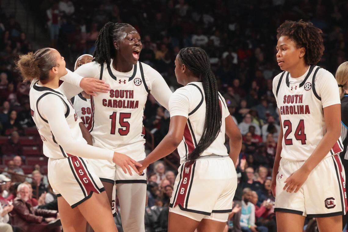 South Carolina's Adhel Tac (15) and the Gamecocks celebrate during the first half of action of their women's basketball game against Grand Canyon at Colonial Life Arena on Monday, Nov. 3, 2025.