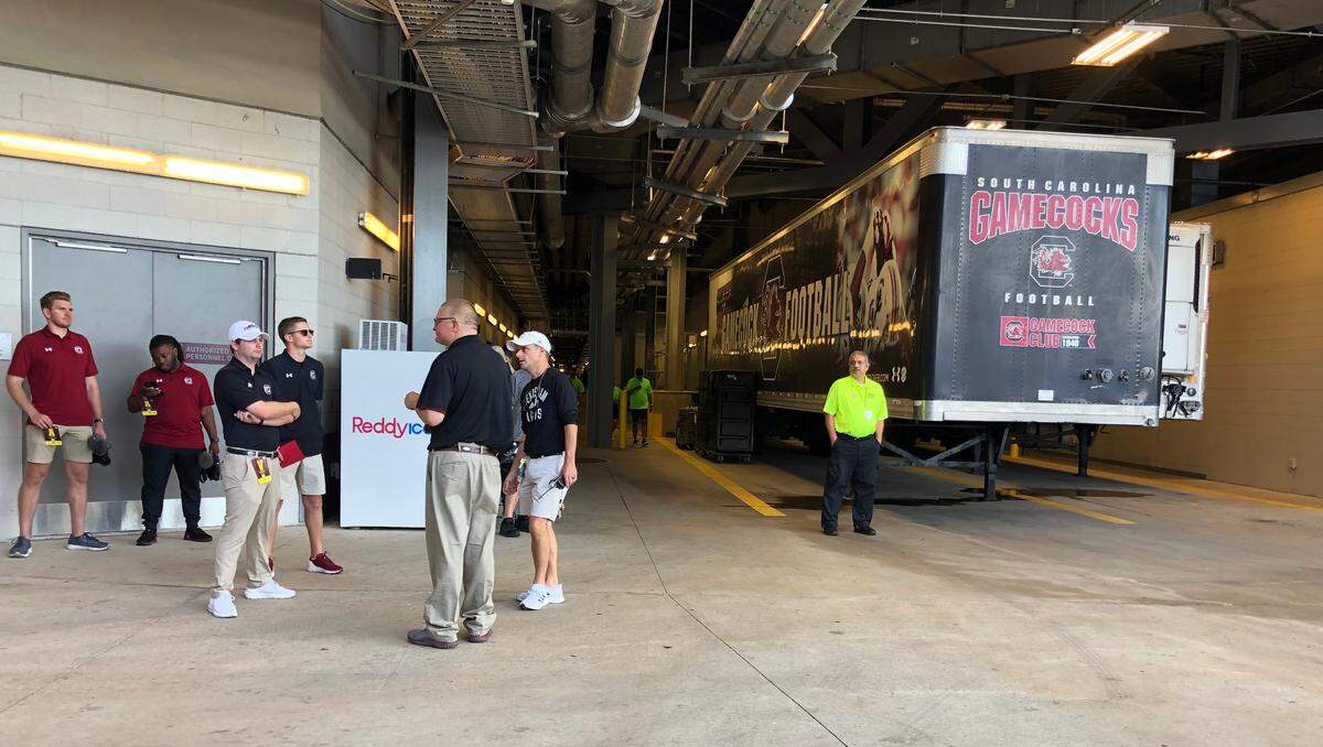 South Carolina’s equipment trailer rests underneath Kyle Field on Saturday, Oct. 23 ahead of the team’s arrival to face Texas A&M.