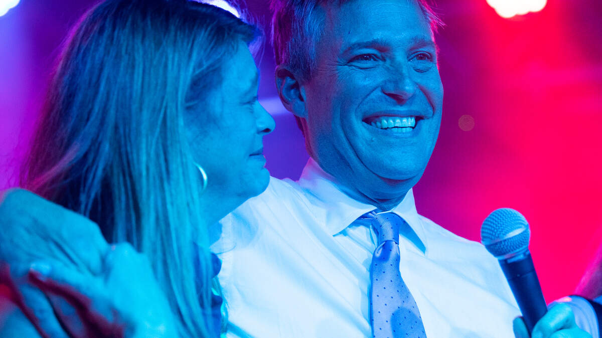 Daniel Rickenmann celebrates with his wife, Laura, after being elected Columbia mayor in a runoff on Tuesday, Nov. 16, runoff.