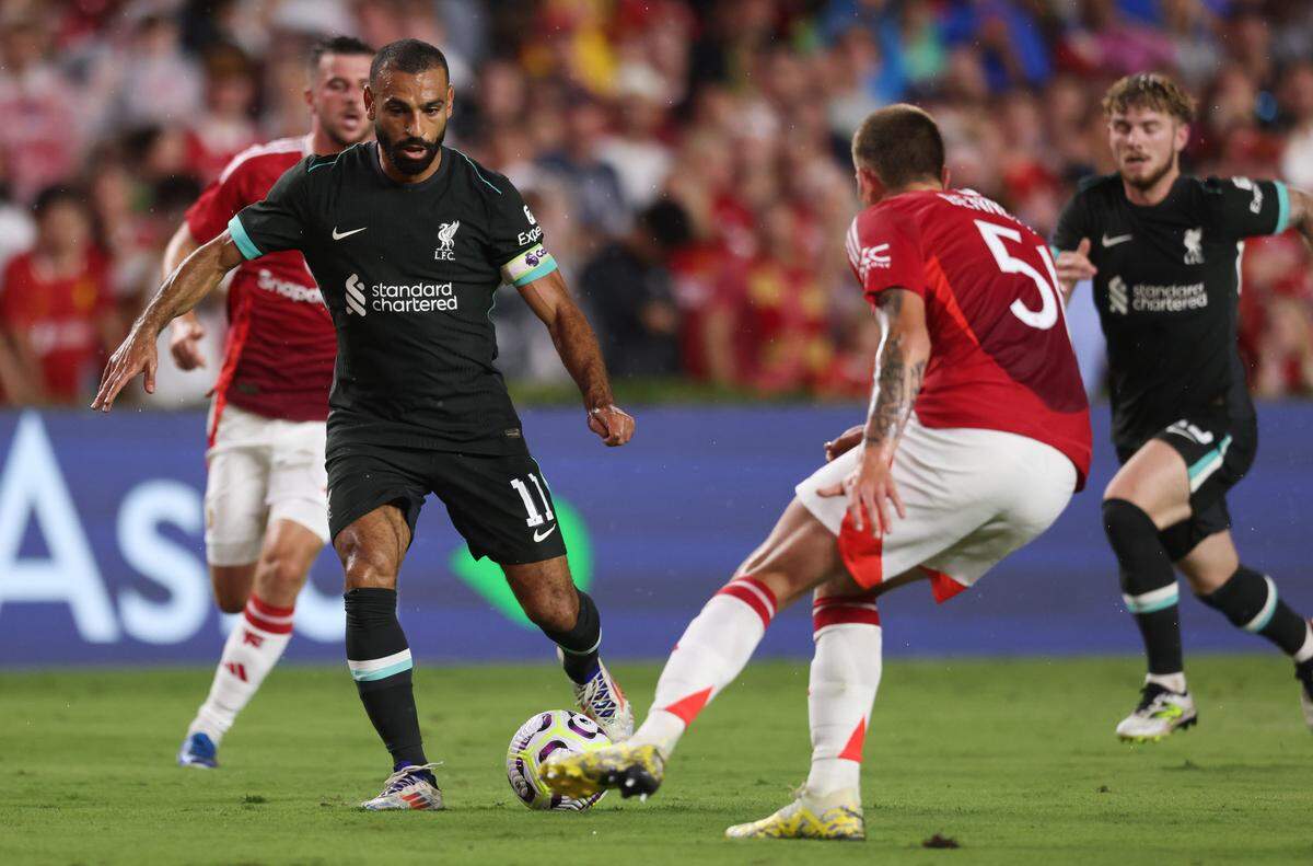 Liverpool forward Mohamed Salah (11) pushes toward the goal during the Rivals in Red International Friendly soccer match between Manchester United and Liverpool in Columbia on Saturday, August 3, 2024.