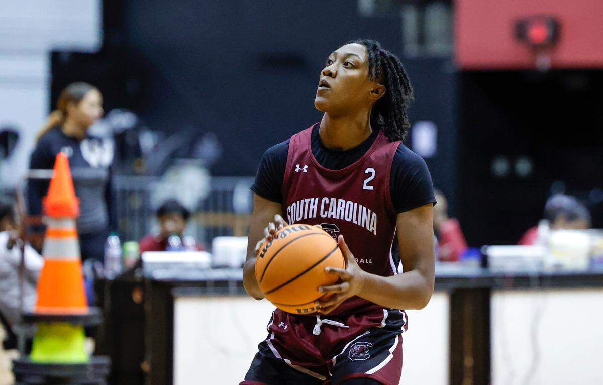 Ashlyn Watkins (2) shoots the ball as the Gamecocks hold their first team practice in the Carolina Coliseum on Wednesday, Sept. 28, 2022.