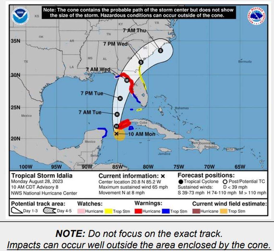 The forecasted track of Tropical Storm Idalia.