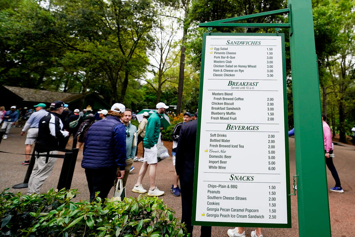 A menu hangs in a concession area during a practice round for The Masters golf tournament at Augusta National Golf Club.