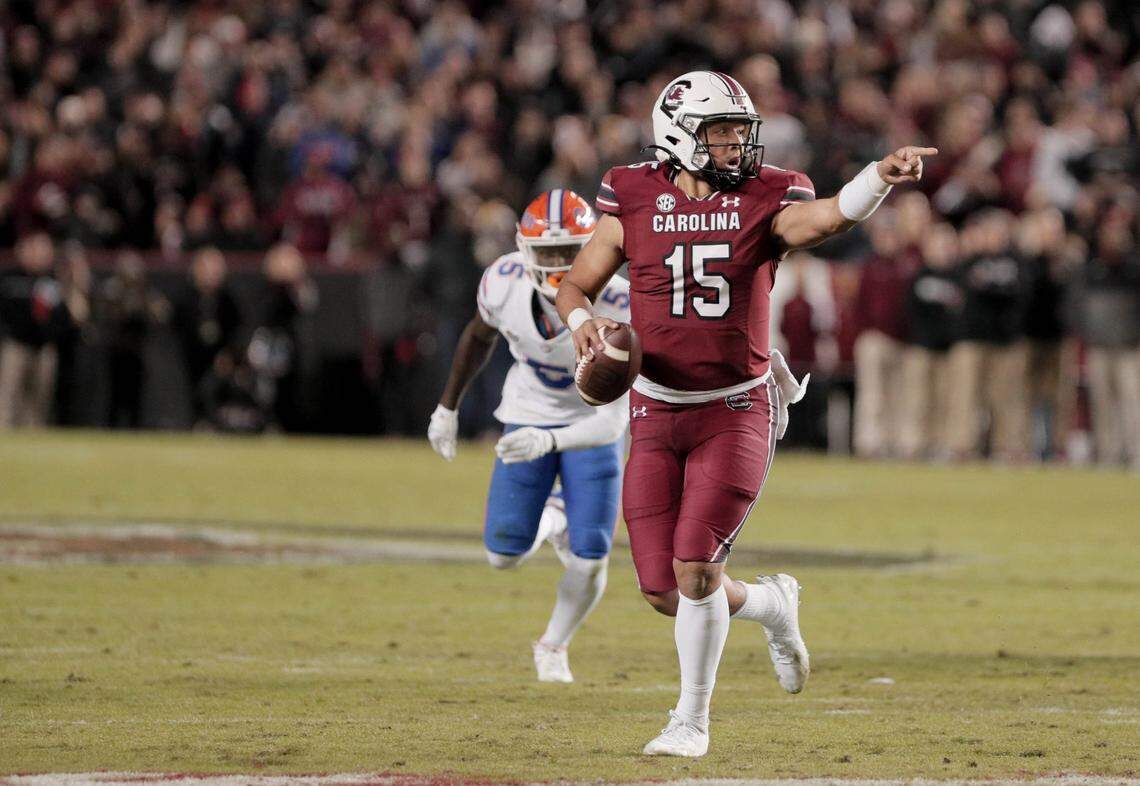 South Carolina quarterback Jason Brown (15) looks for a receiver as the Gamecocks take on Florida on Saturday, Nov, 6, 2021 at Williams-Brice Stadium.
