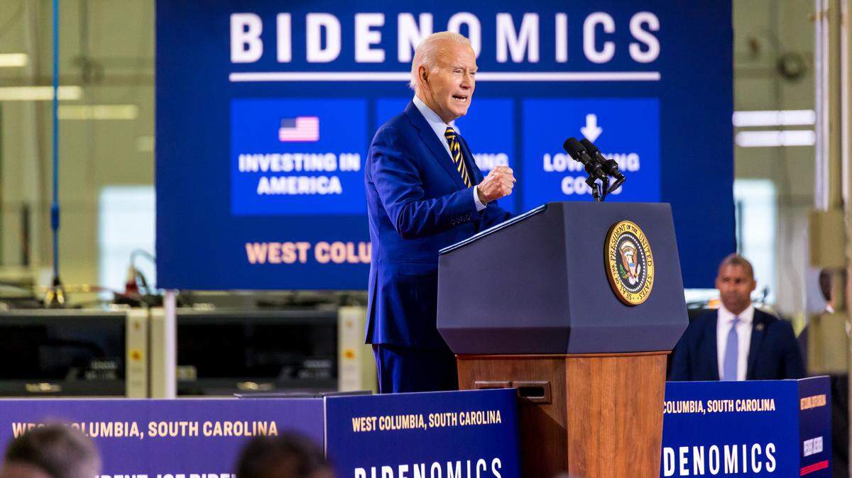 U.S. President Joe Biden speaks at Flex LTD in West Columbia, SC, Thursday, July 6, 2023.