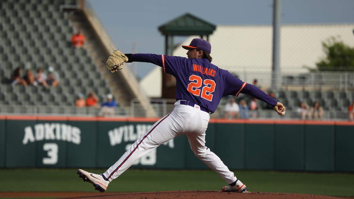 Clemson starting pitcher Ricky Williams delivers an offering during a non-conference game against Presbyterian College on Tuesday, April 26, 2022, at Doug Kingsmore Stadium in Clemson.