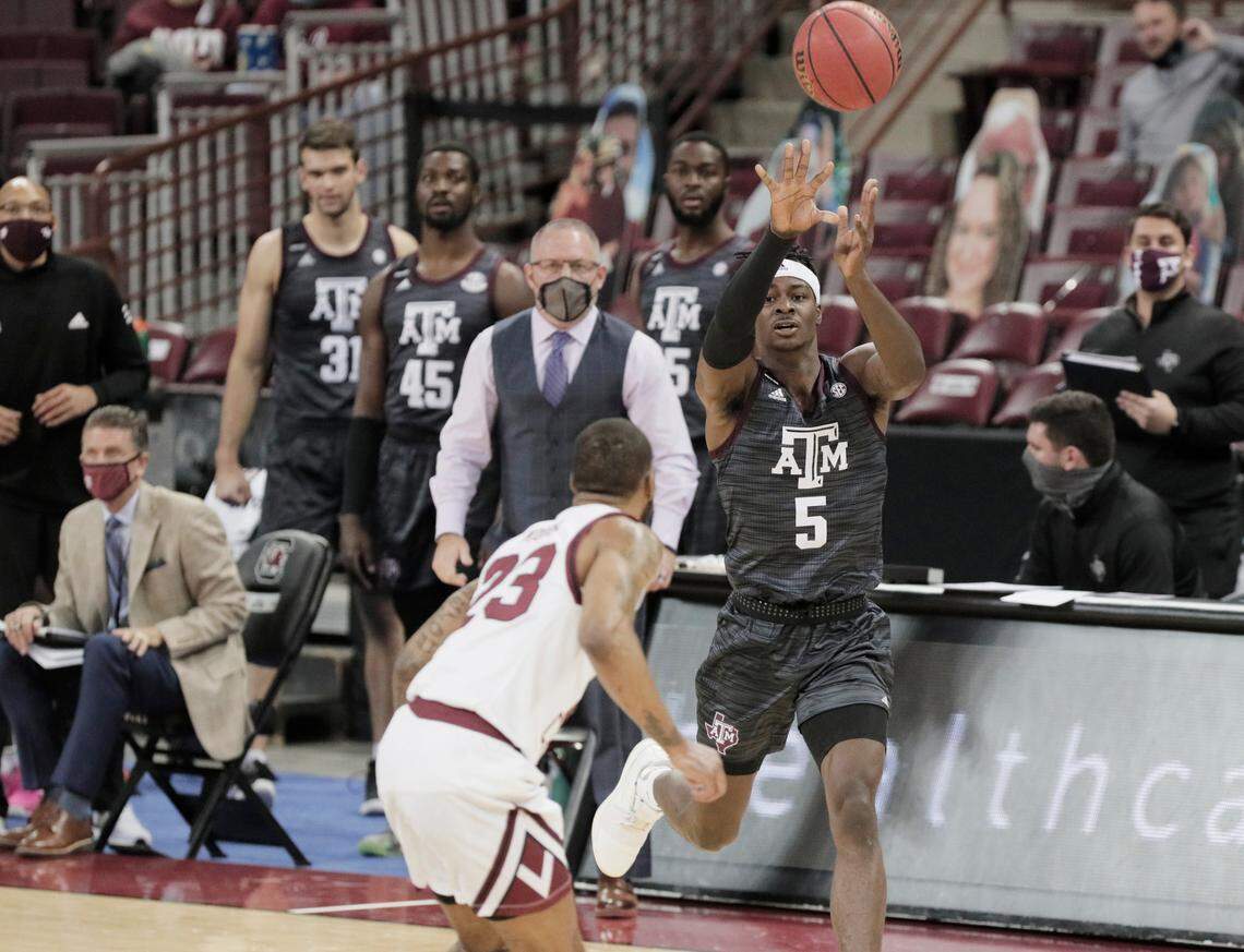 Texas A&M Aggies forward Emanuel Miller (5) passes at Colonial Life Arena on Wednesday, January 6, 2021.