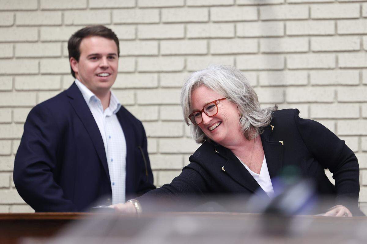 Cayce Mayor Elise Partin and Councilman Hunter Sox during a meeting of the Cayce City Council on Wednesday, May, 21, 2025.