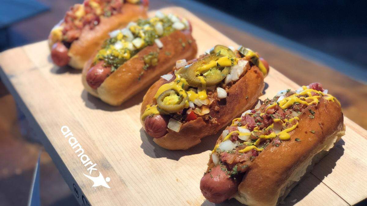 This Associated Press photo shows Aramark hot dogs.