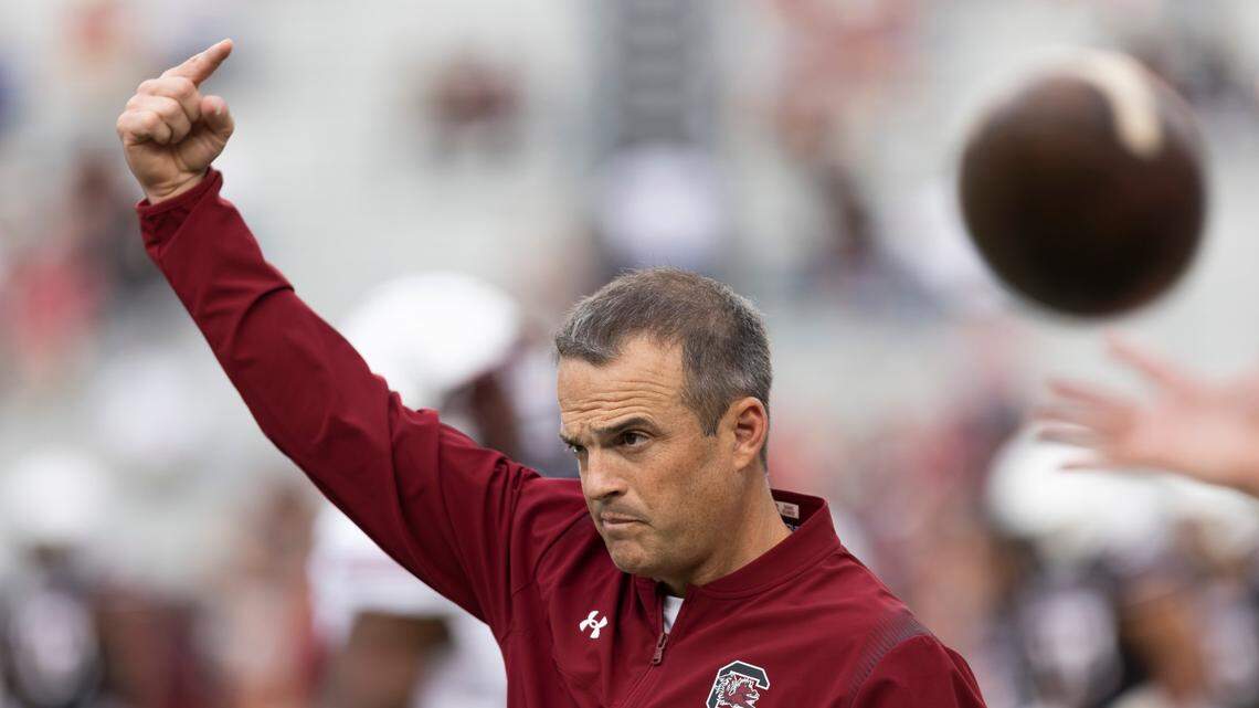 South Carolina Gamecocks head coach Shane Beamer gives instructions to his players during the Gamecocks Spring Game held at Williams-Brice Stadium on Saturday, April 16, 2022.