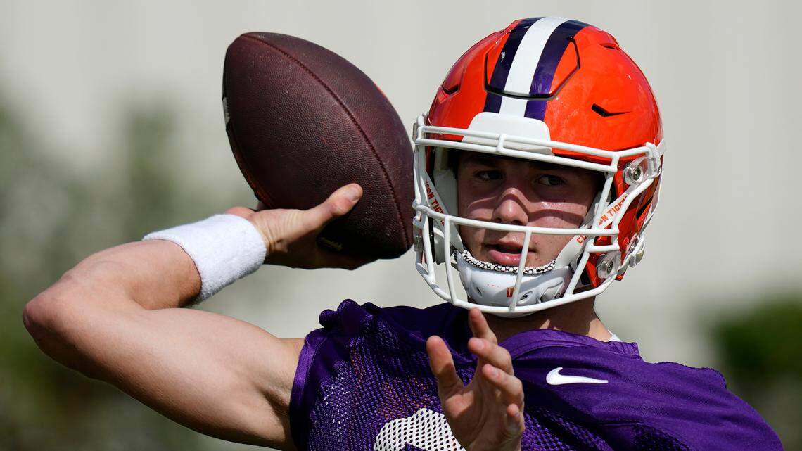 Clemson Tigers quarterback Cade Klubnik (2) throws a pass during a practice session ahead of the 2022 Orange Bowl, Wednesday, Dec. 28, 2022, in Fort Lauderdale, Fla. Clemson will face the Tennessee Volunteers in the Orange Bowl on Friday, Dec. 30. (AP Photo/Rebecca Blackwell)