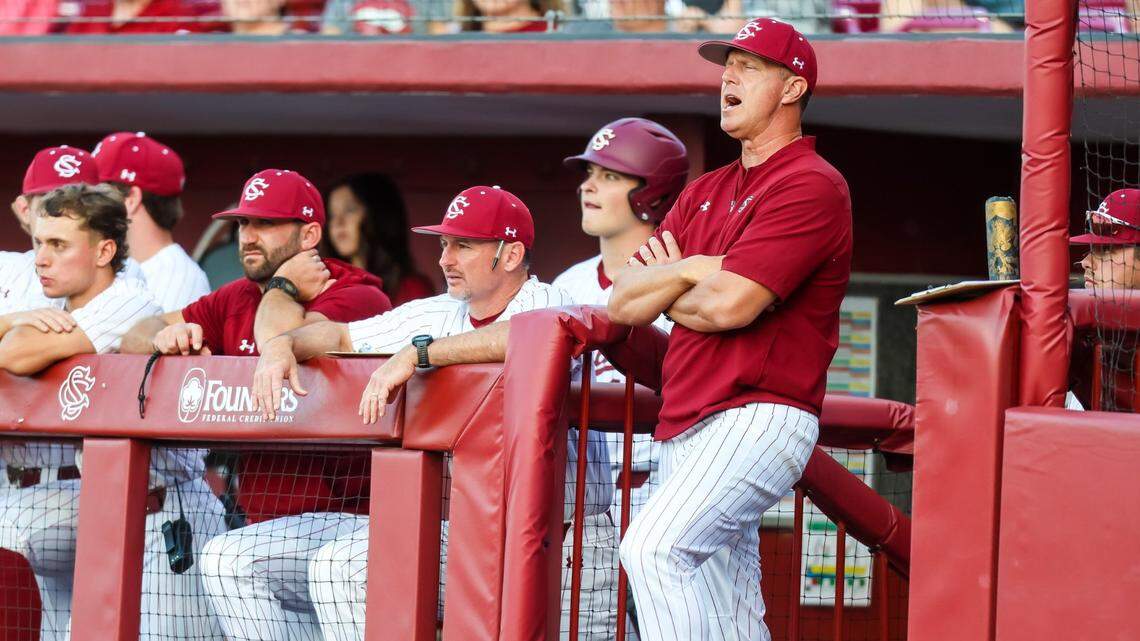 South Carolina Gamecocks head coach Mark Kingston directs his team against the Auburn Tigers during their game at Founders Park in Columbia, SC, Friday, April 28, 2023.