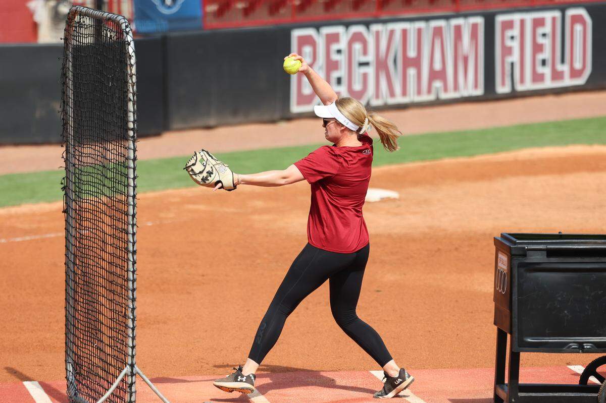 University of South Carolina’s Ashley Chastain Woodard throws during practice at the Carolina Softball Stadium before the NCAA Columbia Regional on Thursday, May, 15, 2025.