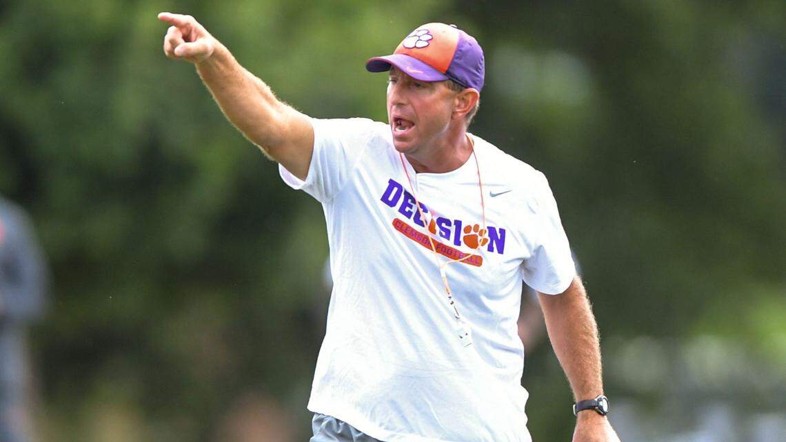 Clemson head coach Dabo Swinney during preseason practice in Jervey Meadows in Clemson, S.C. Thursday, August 10, 2023.