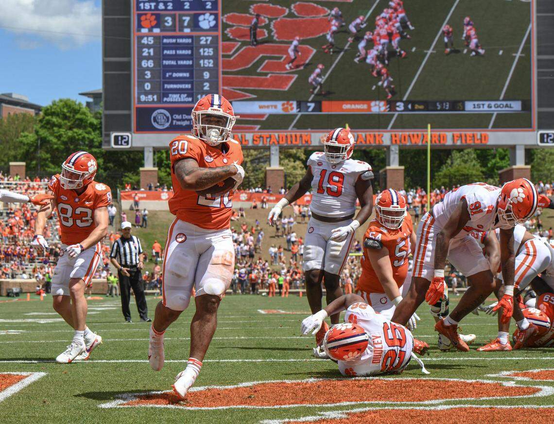 April 15, 2023; Clemson, SC , USA; Clemson running back Domonique Thomas (20) scores a touchdown during the first quarter the annual Orange and White Spring game at Memorial Stadium in Clemson, S.C. Saturday, April 15, 2023. Mandatory Credit: Ken Ruinard-USA TODAY NETWORK