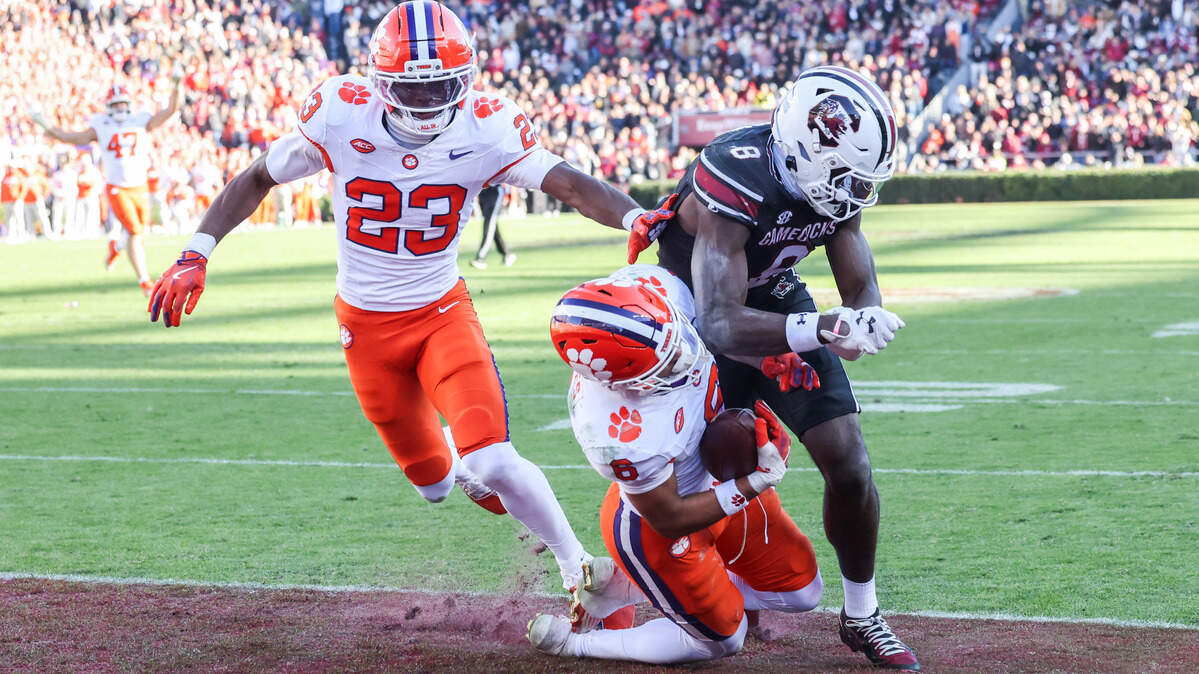 Clemson safety Ricardo Jones (6) intercepts a pass intended for South Carolina wide receiver Nyck Harbor (8) during the second half of South Carolina’s game against Clemson at Williams-Brice Stadium in Columbia on Saturday, November 29, 2025.



