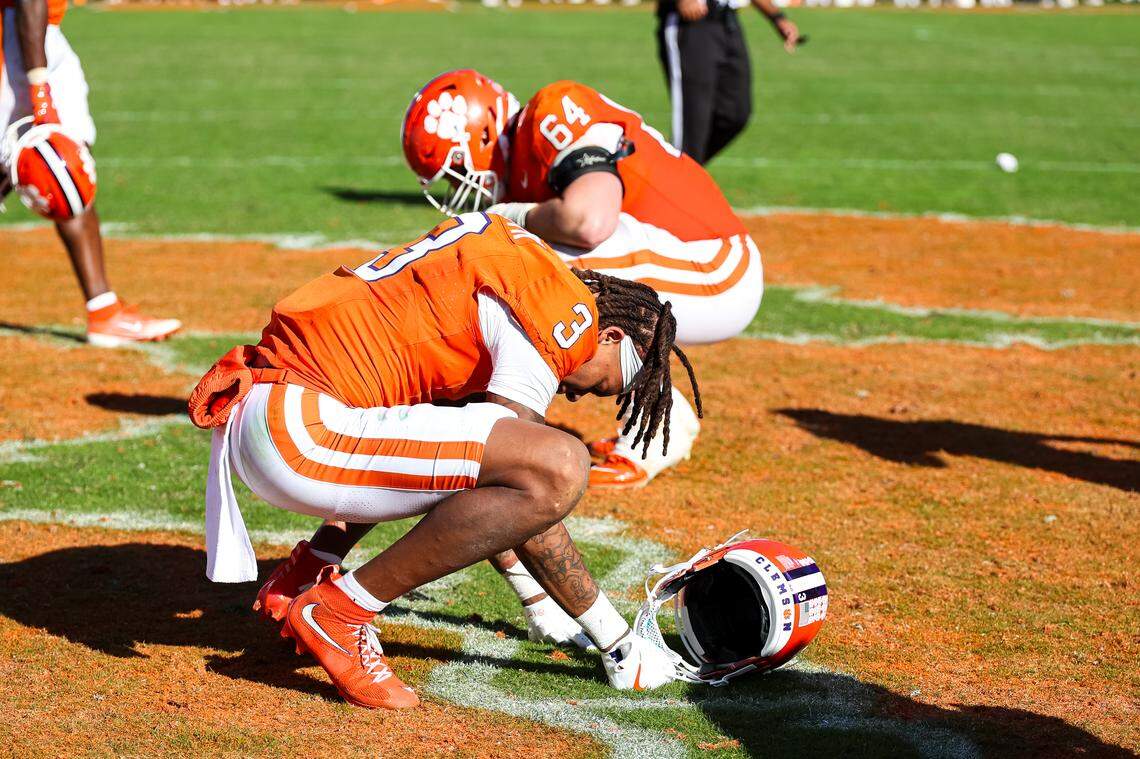 CLEMSON, SOUTH CAROLINA - NOVEMBER 01: Tristan Smith #3 and Walker Parks #64 of the Clemson Tigers react after a football game against the Duke Blue Devils at Memorial Stadium on November 01, 2025 in Clemson, South Carolina.