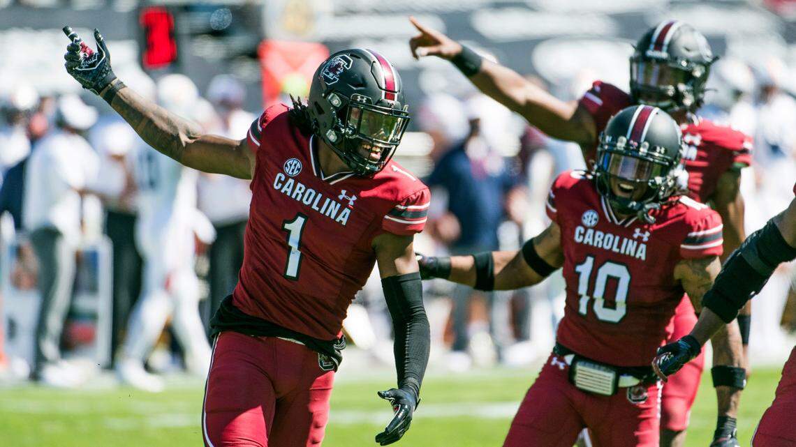 South Carolina defensive back Jaycee Horn (1) celebrates an interception against Auburn during the first half of an NCAA college football game Saturday, Oct. 17, 2020, in Columbia, S.C. (AP Photo/Sean Rayford)