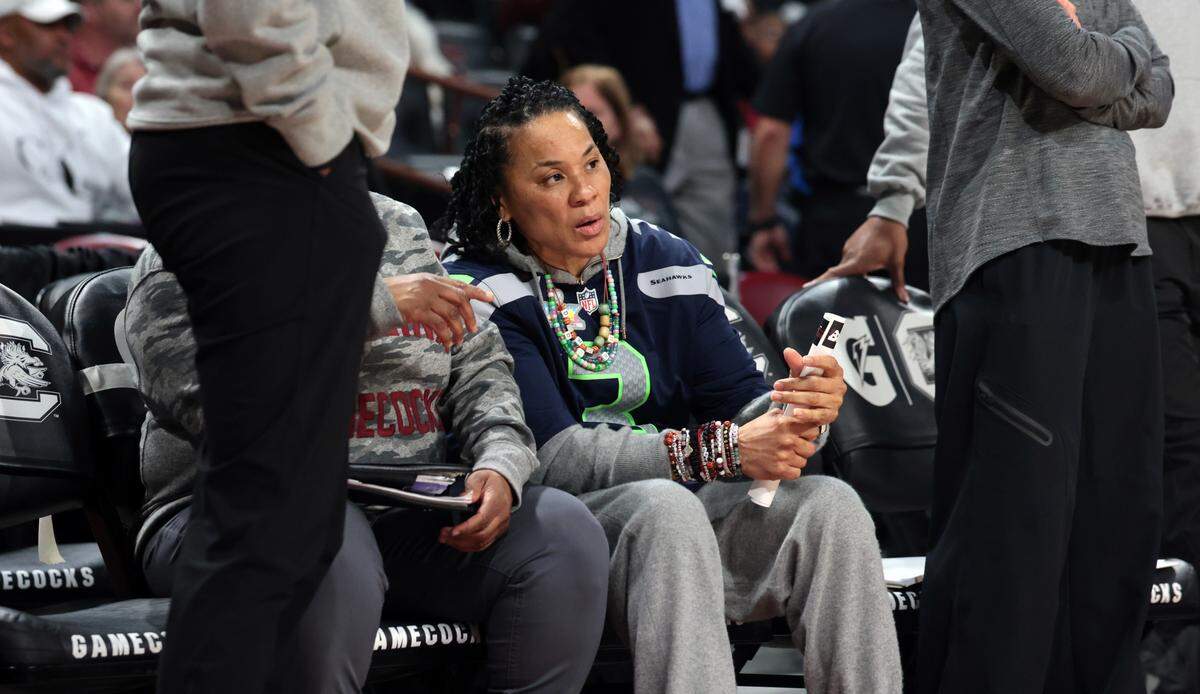 South Carolina women’s basketball coach Dawn Staley sports a Nick Emmanwori Seattle Seahawks jersey on Sunday before the Super Bowl and before the Gamecocks’ game against Tennessee at Colonial Life Arena.