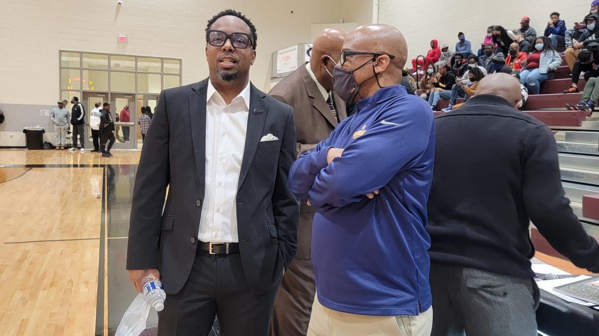 Gray Collegiate boys coach Dion Bethea, left, talks with Keenan coach Zach Norris before their matchup in the Crescent Constriction MLK Bash on Jan. 17, 2022 in Cayce, SC.