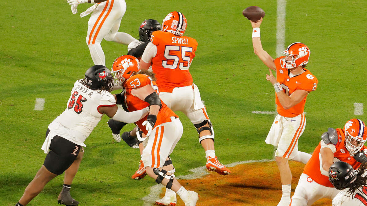 Clemson quarterback Cade Klubnik (2) throws against Louisville in Clemson, S.C. on Saturday, Nov. 2, 2024.