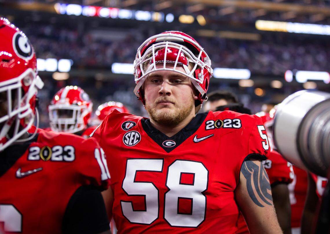 Jan 9, 2023; Inglewood, CA, USA; Georgia Bulldogs offensive lineman Austin Blaske (58) against the TCU Horned Frogs during the CFP national championship game at SoFi Stadium.