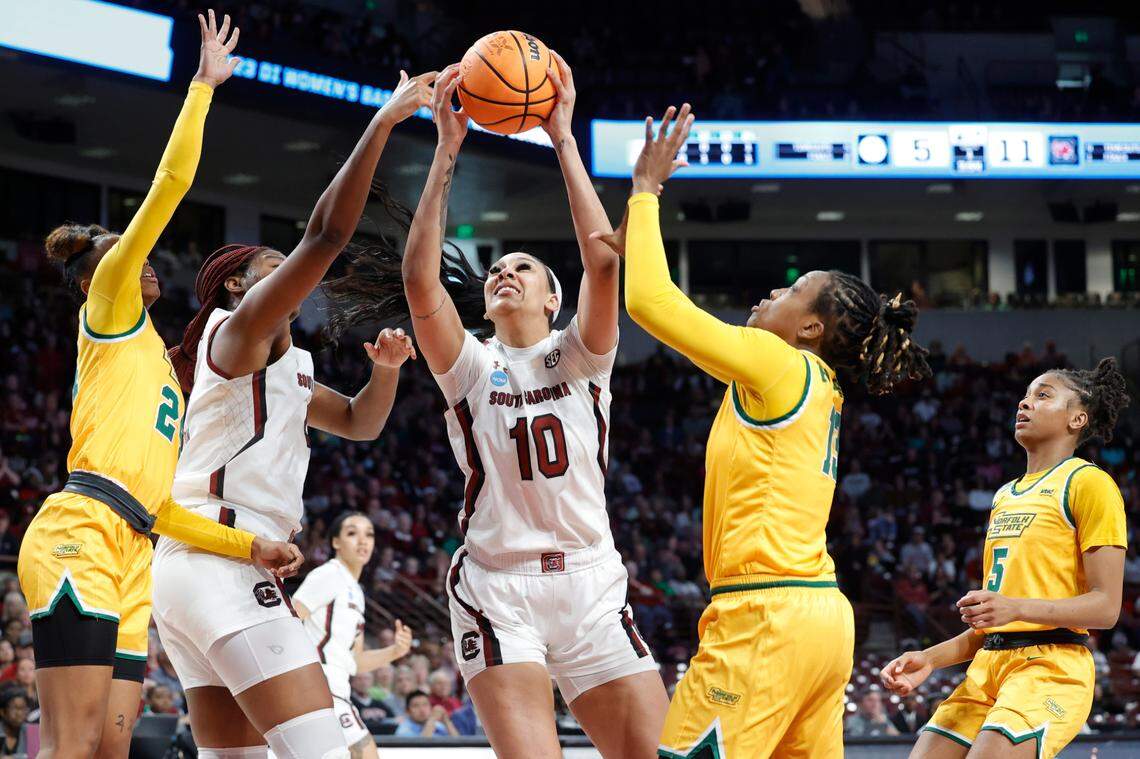 South Carolina’s Kamilla Cardoso (10) plays Norfolk State in the NCAA Tournament at Colonial Life Arena on Friday, March 17, 2023.