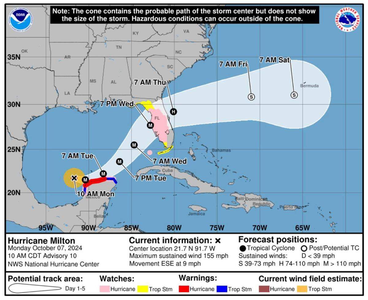 A map showing the predicted path and time of travel for Hurricane Milton.