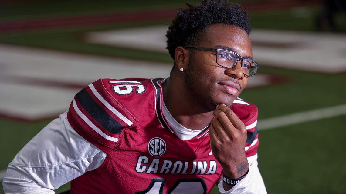 LaNorris Sellers speaks to reporters Thursday during media day for the University of South Carolina football team inside the Jerri and Steve Spurrier indoor practice facility.