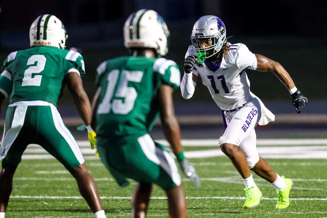 Ridge View Blazers wide receiver Carter Coleman (11) runs a route during their game at Dutch Fork High School, Friday, 9/5/25.