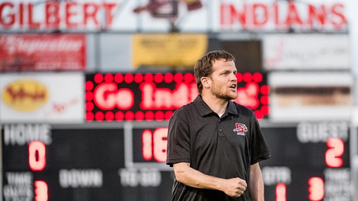 Gilbert women’s soccer head coach Michael Kleinfelder communicates with players during a game against Gilbert Tuesday, Feb. 13, 2019, in Gilbert, S.C. Kleinfelder is a two-time cancer survivor.