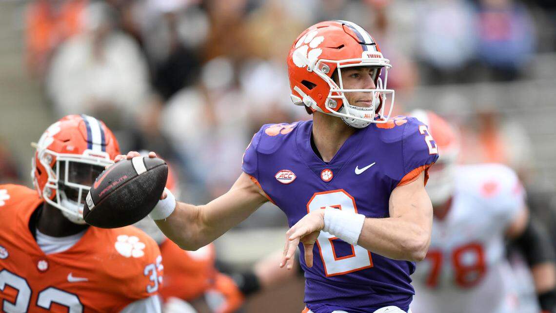 Clemson quarterback Cade Klubnik (2) looks to pass during the first half of the TigerÕs spring game Saturday, April 9, 2022 at Clemson’s Memorial Stadium. Bart Boatwright/The Clemson Insider