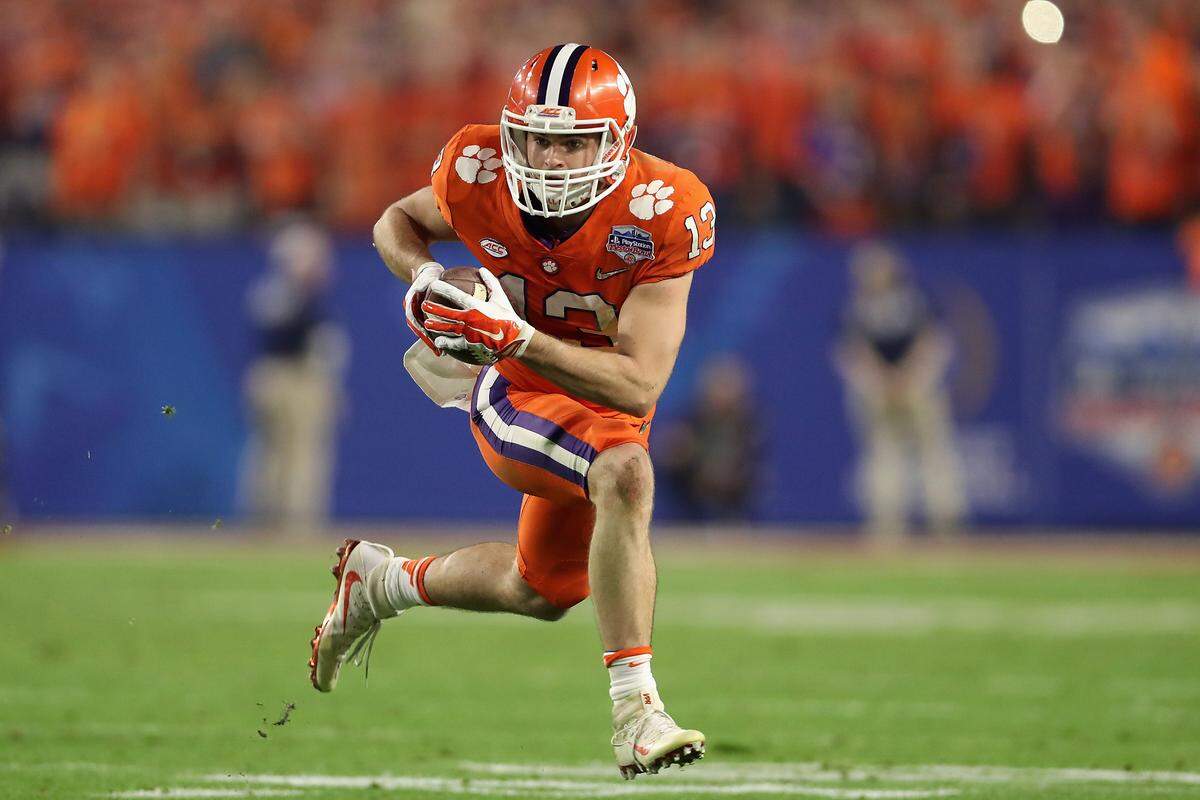 Wide receiver Hunter Renfrow #13 of the Clemson Tigers runs with the football after a reception against the Ohio State Buckeyes during the Playstation Fiesta Bowl at University of Phoenix Stadium on December 31, 2016 in Glendale, Arizona. The Tigers defeated the Buckeyes 31-0.