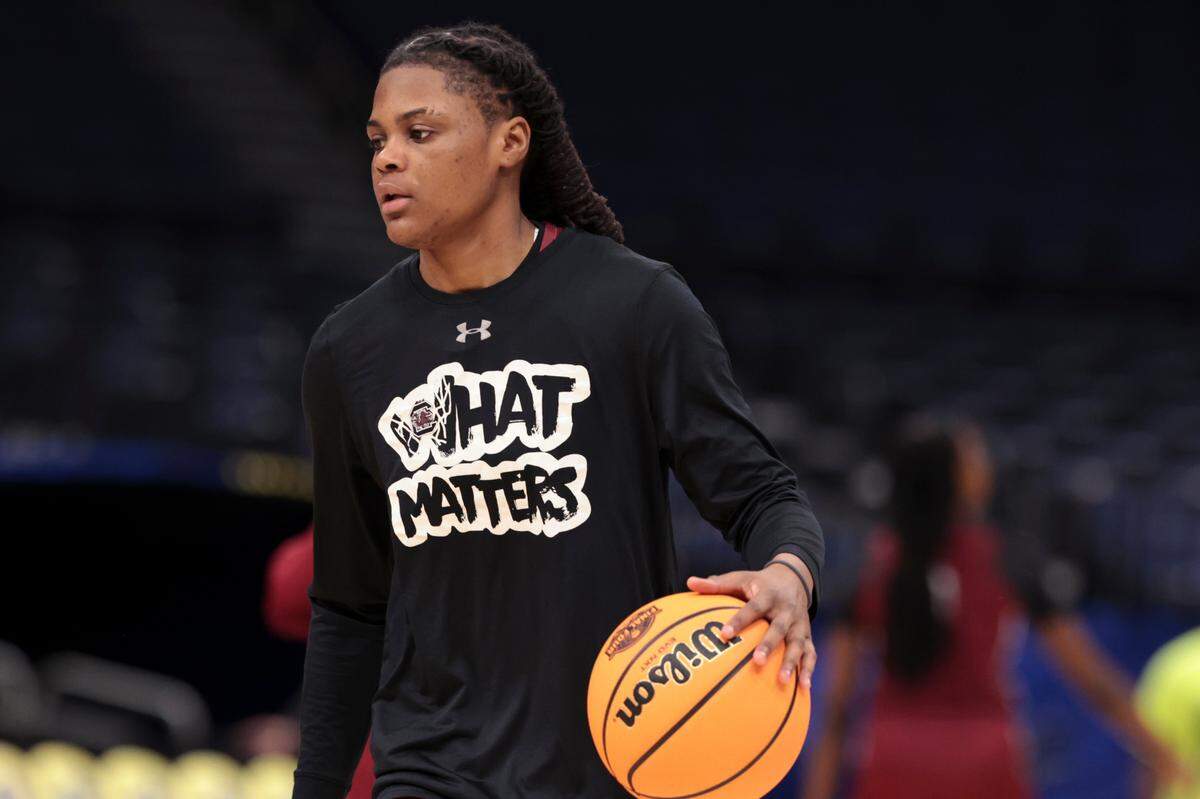 University of South Carolina’s MiLaysia Fulwiley (12) practices at the Amalie Arena in Tampa Florida on Thursday, April 3, 2025. The Gamecocks play Texas in the semifinal round of the NCAA Tournament.
