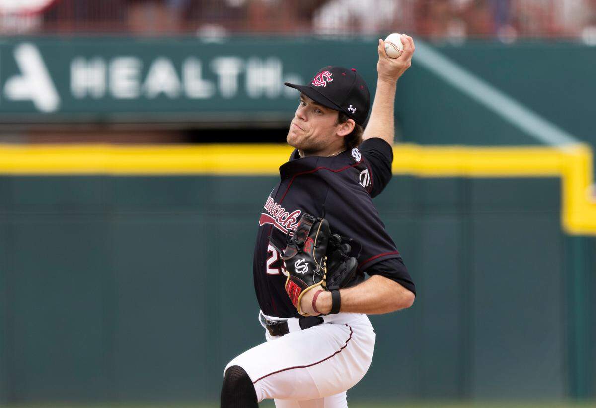 South Carolina pitcher Jack Mahoney (23) pitches during South Carolina’s game against UMass Lowell in Columbia on Sunday, Feb. 19, 2023.